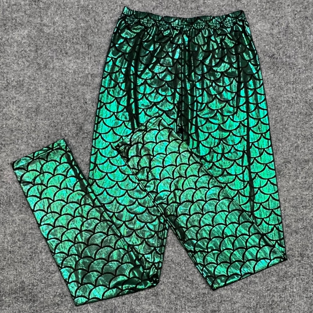 Mermaid Scale Leggings Womens S Green Metallic Shiny Pants Costume